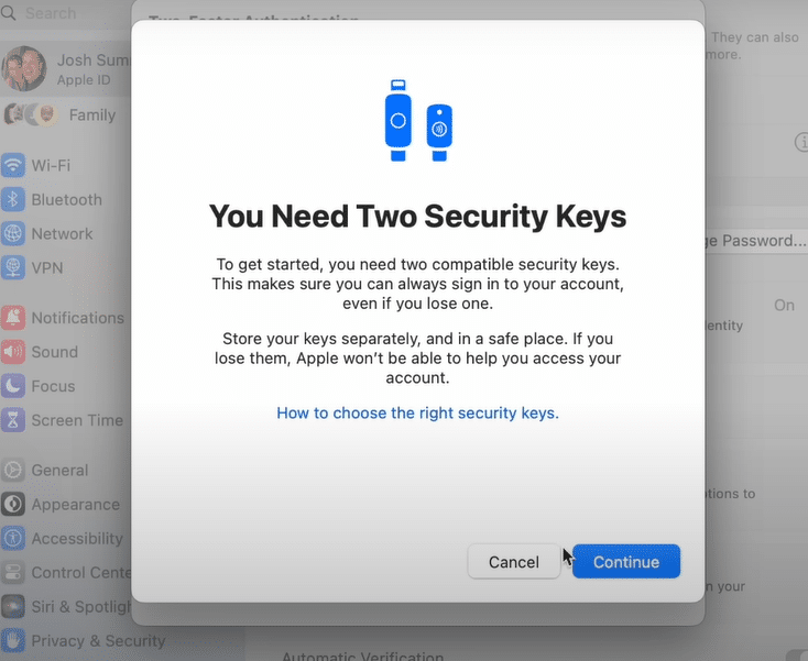 2 security keys needed for iCloud
