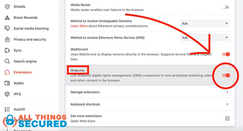 Brave Widevine extension setting