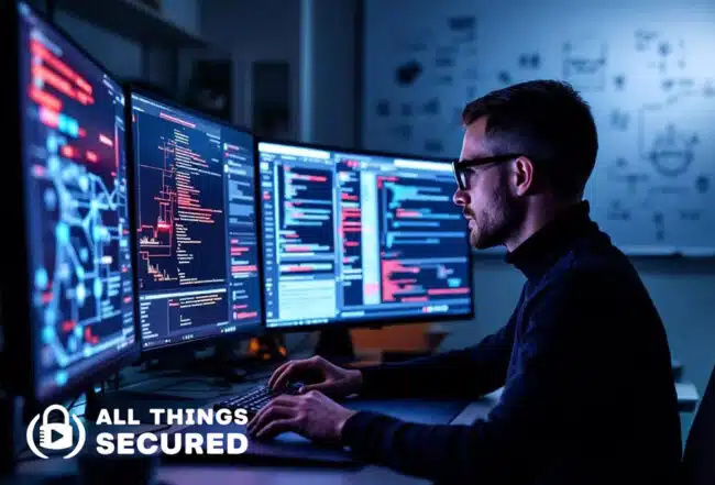 An experienced security expert is intently analyzing data across multiple computer screens, showcasing a detailed dashboard filled with various data removal requests and sensitive information. The scene emphasizes the importance of online privacy and the role of data removal services in protecting personal data from exposure.