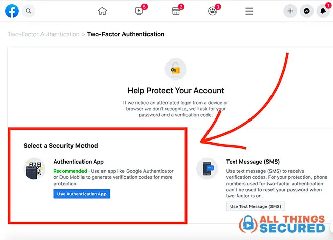 Locate 2FA settings in Facebook