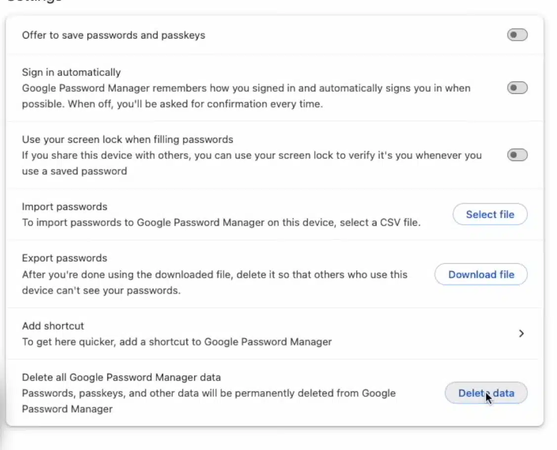 delete google password manager data